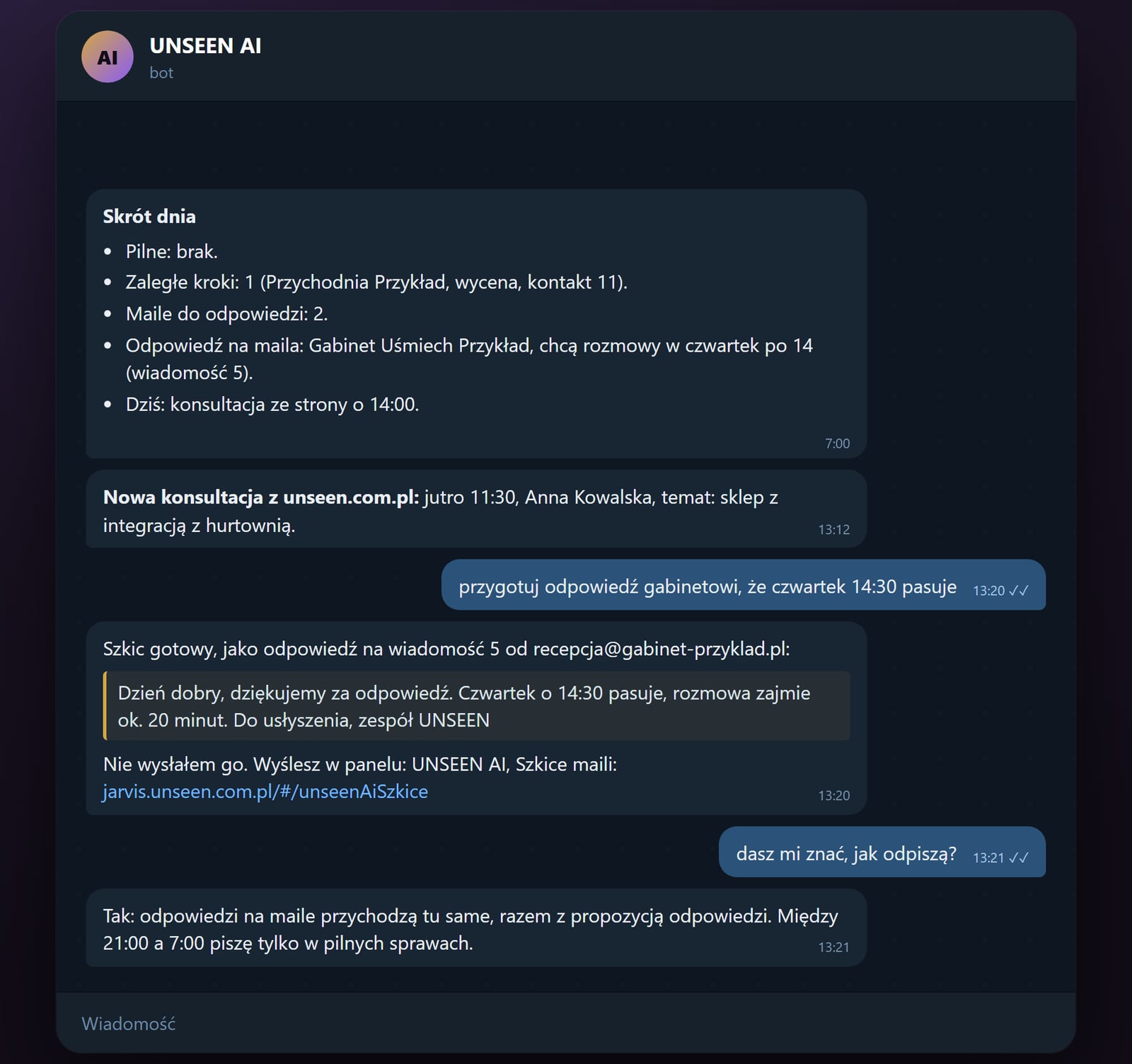 Agent UNSEEN AI píše jako první: ranní přehled dne, nová konzultace z webu a koncept odpovědi na e-mail k odeslání v panelu