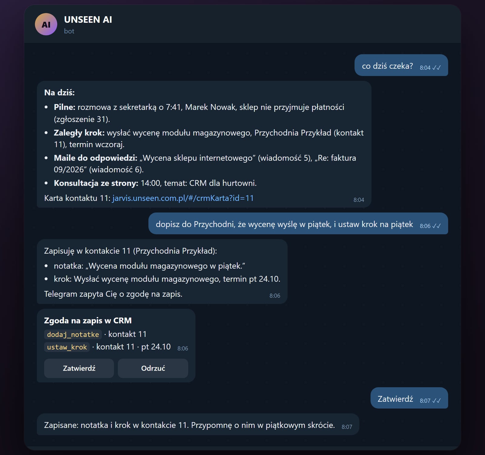 Conversación con el agente UNSEEN AI en Telegram: pregunta por los asuntos del día, respuesta con la lista de asuntos del CRM y solicitud de aprobación para guardar una nota