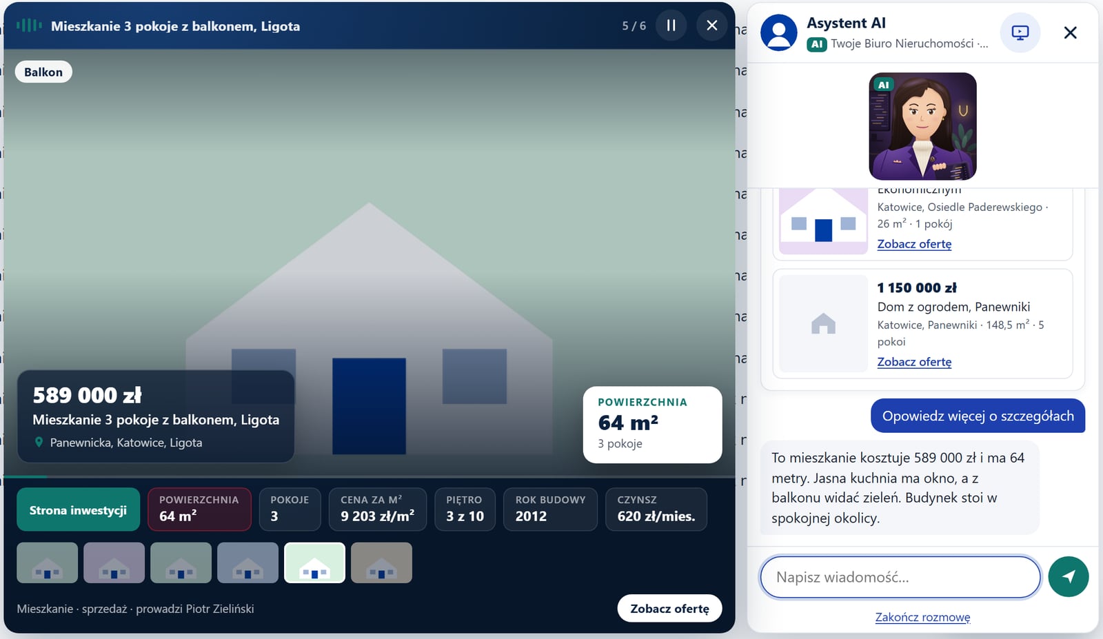 Fenster der KI-Assistentin eines Maklerbüros: links Details eines Wohnungsangebots mit Preis, Wohnfläche, Etage und Miniaturfotos, rechts das Gespräch und die Figur der Assistentin