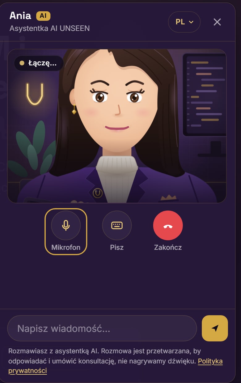 Ania assistant panel on unseen.com.pl: the character, connection status, Microphone, Type and End buttons, and a note that the conversation is with an AI assistant