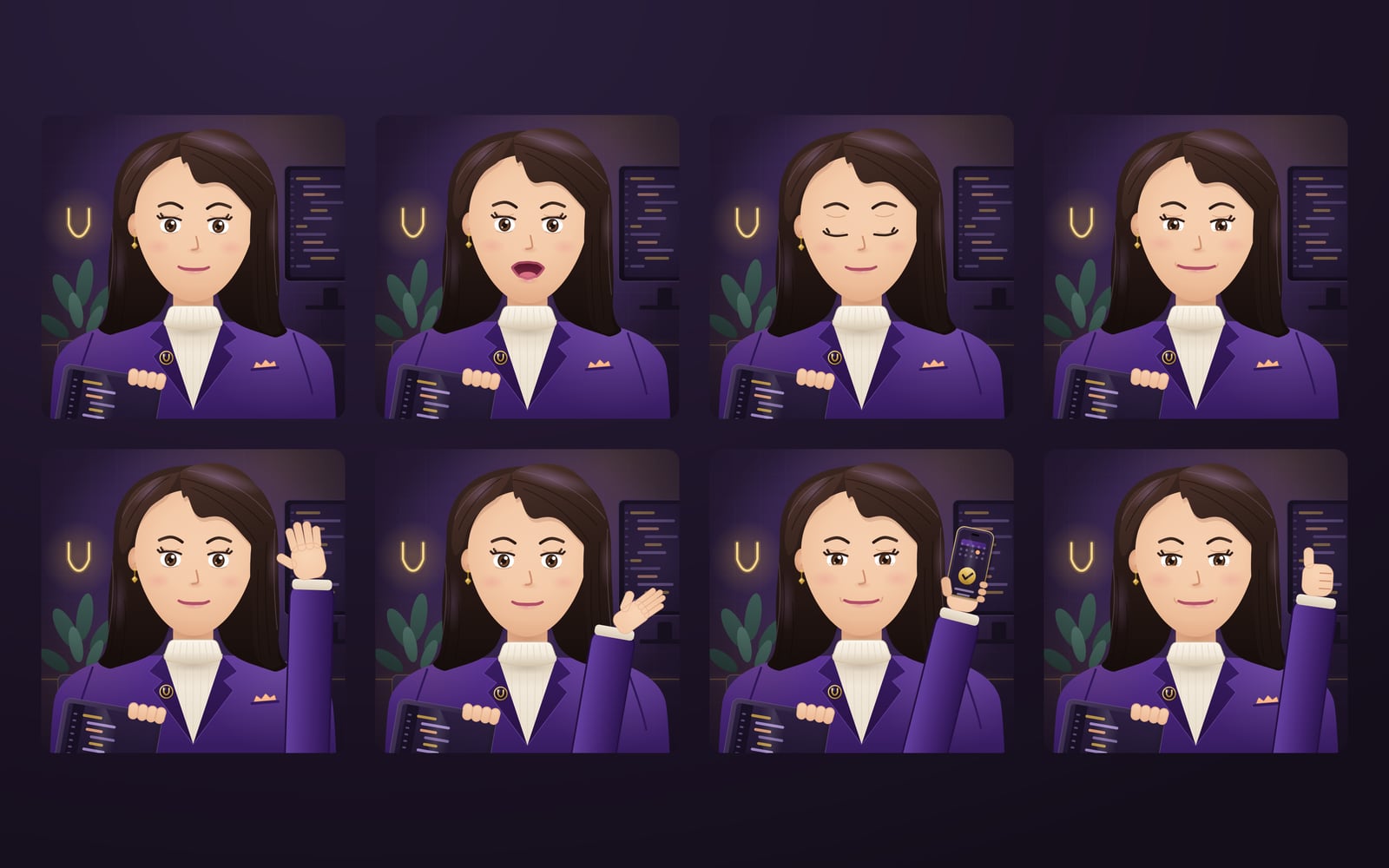 Eight states of the Ania assistant’s character: idle, speaking, blinking, smiling, waving, explaining, phone and thumbs up